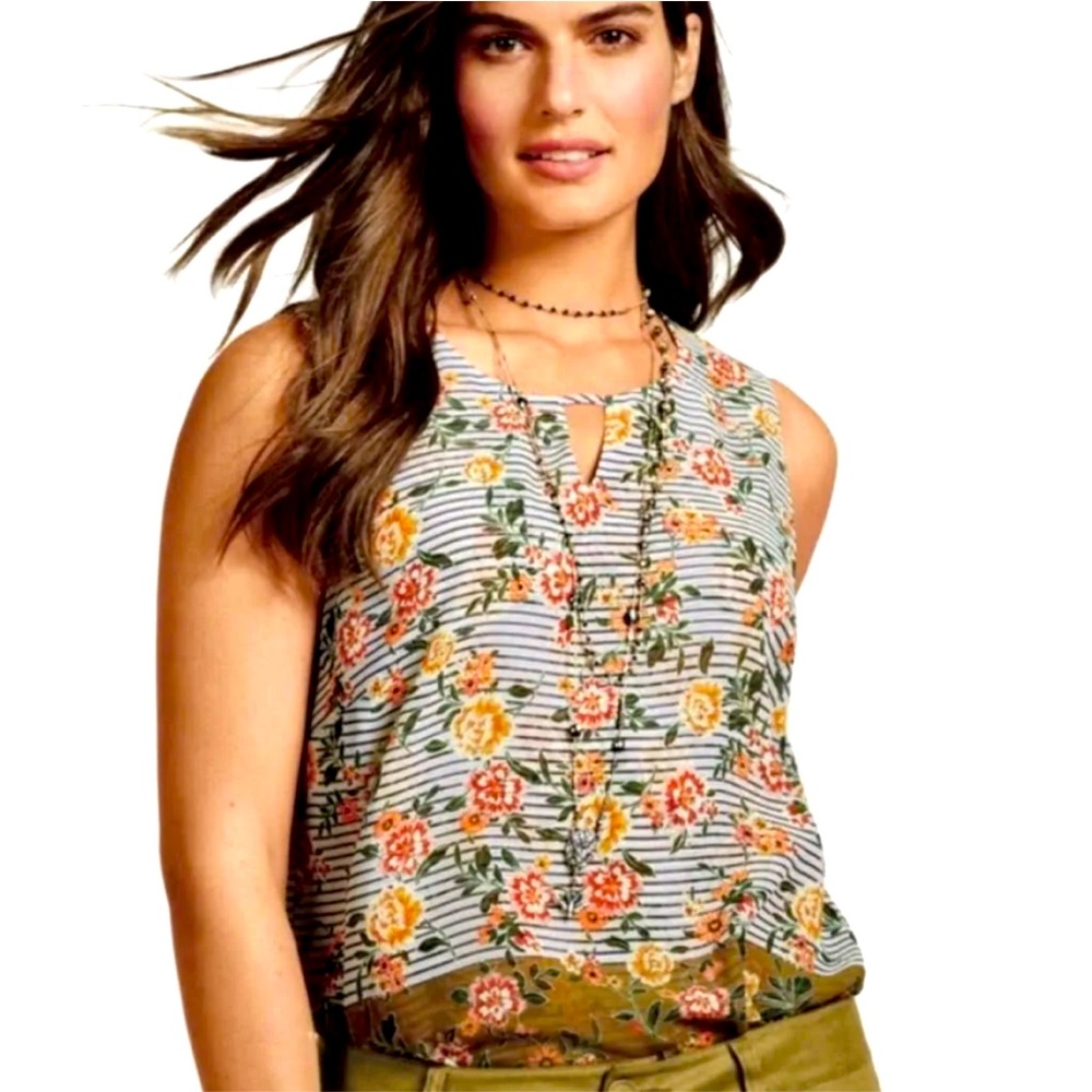 CAbi #5354 Penelope Mixed Print Stripe Floral Sleeveless Keyhole Tunic Tank M